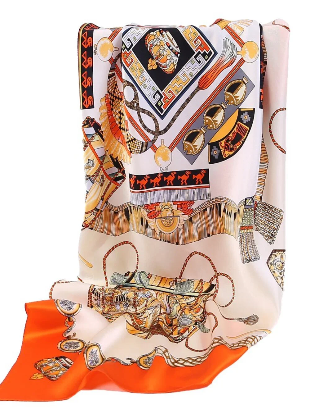 100% Silk Scarves, Extra-Large and XX-Large，Royal Drums, Orange